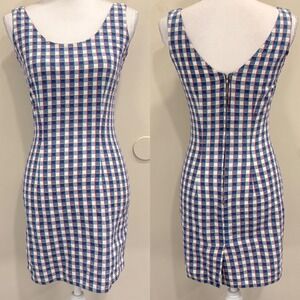VTG 90s Esprit Plaid Mini Sheath Sundress Blue White Red Cotton Cottage Retro XS